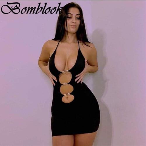 Bomblook Sexy Party Club Bodycon Dresses For Womens 2021 Summer Clothing Halter Patchwork Backless Dress Female Streetwears