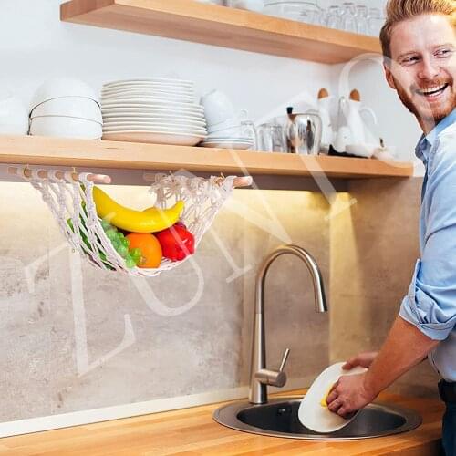 Fruit & Vegetable Hammock Bohemian Handwoven Fruit Hanging Basket Kitchen Produce Storage Under Cabinet Space-Saving Handmade