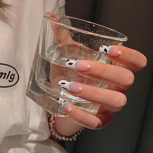 24pcs artificial nails with glue Milk pattern long ballet pearl wear manicure False nails nail extension forms