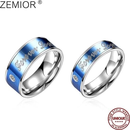 ZEMIOR Stainless Steel Rings For Lovers English Letters Inlay Zirconia Blue Valentines Day Gifts Define Love Fashion Jewelry