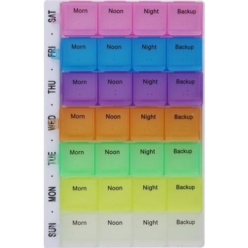 7 Day Pill Box With Clip Lids 28 Cells Medicine Tablet Dispenser Organizer AM NOON PM Weekly Storage Case Daily Candy Holder