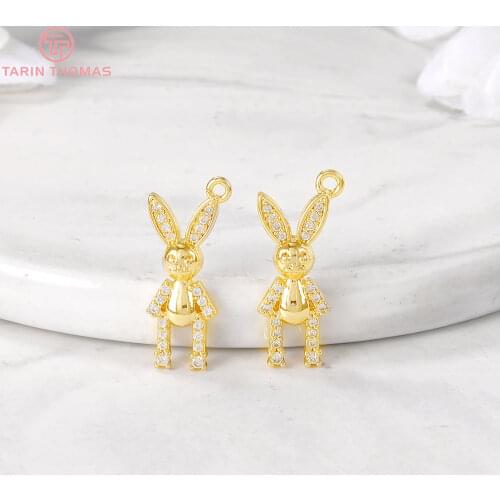 4PCS 9x20MM Hole 1.5MM 24K Gold Color Brass with Zircon Rabbit Charm Pendants for DIY Jewelry Making Findings Accessories