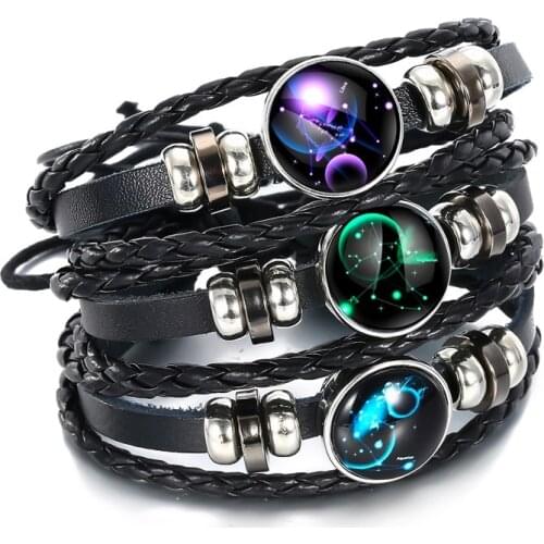 IFMIA Hot Sale Fashion 12 Constellations Leather Zodiac Sign with Beads Bangle Bracelets for Men Boys Jewelry Travel Accessories