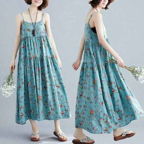 Literary Loose Large Size Retro floral Cotton Linen Suspender Dress Womens 2020 new Summer Dress b285