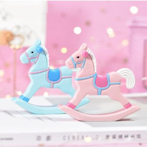 Kawaii Cartoon Wood Horse Miniature Figurines Resin Rocking Horse Fashion Desktop Office Home Decoration Accessories Girls Gift