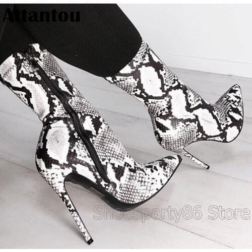 Fashion python printed pattern pointed toe high heel winter ankle boots women side zipper closure stitch multiple color boot