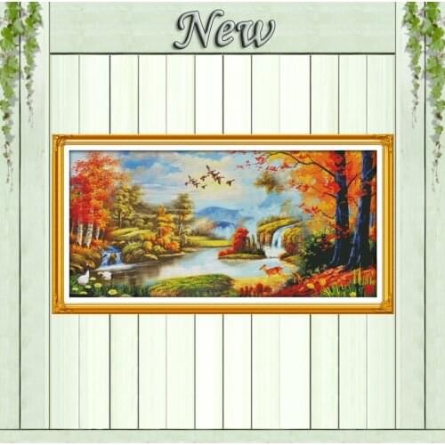 Maples woods and Swan lake forest scenery Counted print on canvas DMC 14CT 11CT DIY Cross Stitch Needlework kit Embroidery Sets