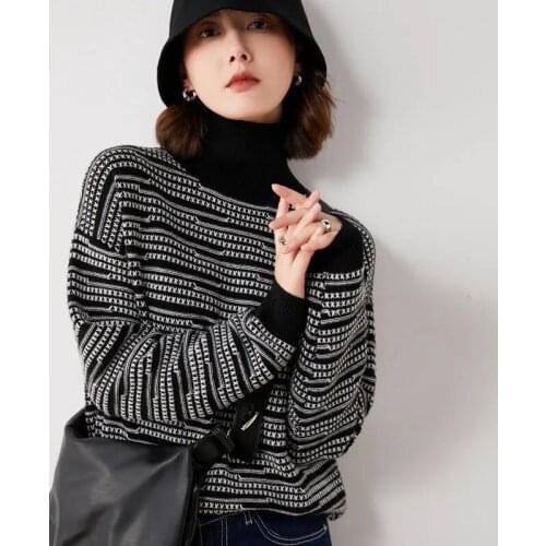2021 Autumn Winter Pullover New Lazy Wind Bottoming Shirt Loose Turtleneck Sweaters Warm Women Basic Striped Sweater Female Tops
