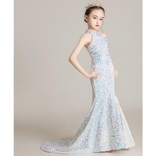 Sexy Sequins Stitching Evening Dress Mermaid Catwalk Princess Dress For Girls Kids Clothes Birthday Party Dress Vestidos