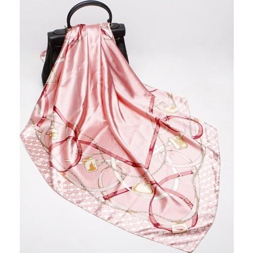 FXAASS Bandana Women Hijab Square Scarf Fashion Ladies Retro Luxury Silk Scarf Shawls Belt Lock 90*90cm Large Cape Headscarf