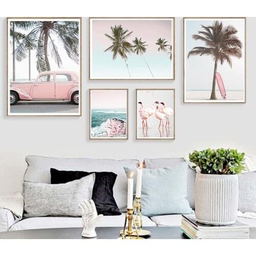 Beach Flamingo Surfboard Pink Car Coconut Tree Nordic Posters And Prints Wall Art Canvas Painting Wall Pictures For Living Room