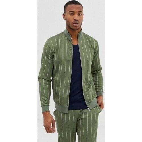 Striped Slim Fit Cut Bomber Jacket Khaki