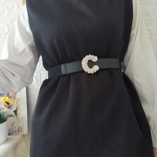 Luxury Rhinestone Gold Buckle Belt Black Elastic Clear Crystal Buckles Waistbands For Skirt Dress Woman Stretch Waist Seal Gifts