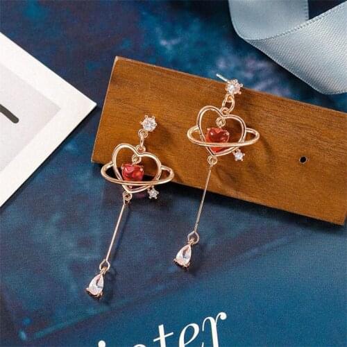 Red Heart Threader Earrings Saturn Jewelry Women Lolita Clothes Accessories Dainty Heart Drop Earrings Mix Style JK20F9