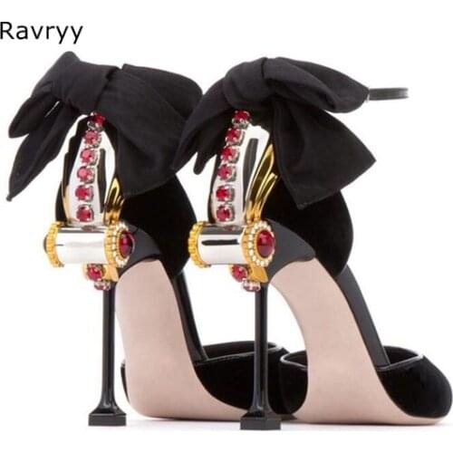 Wedding shoes woman high heel red crystal bowtie decor Sexy Pumps female dress shoes metal heels OL out fits elegant party shoes