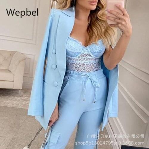 Wepbel Blazer Jacket High Waist Pants Sets Women Blazer Blue Suit Solid Color 2 Piece Sets Outfits Pants Sets Business Suits