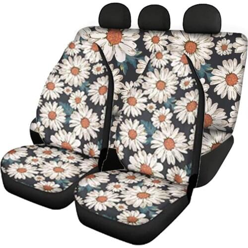 INSTANTARTS Small Daisy Printing Car Seat Covers Full Set Women Anti-Slip Universal Car Front/Back Seat Covers Thick Accessories