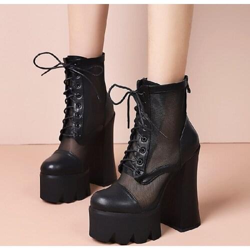 Summer Mesh Ankle Boots For Women Platform Black Beige Punk Heels Short Boots Women Shoes 2021 Chelsea Boots Ladies Comfortable