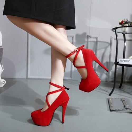 Super High Heel Stiletto Flock Shallow Mouth Womens Shoes Ankle Strap Round Toe Waterproof Platform Large Size High Heels