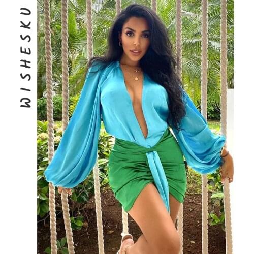 Two Piece Set High Waist Ruched Wrap Hip Mini Skirt Outfit Women Chic Sexy Office Lady Lantern Long Sleeve Deep V Neck Shirt Top