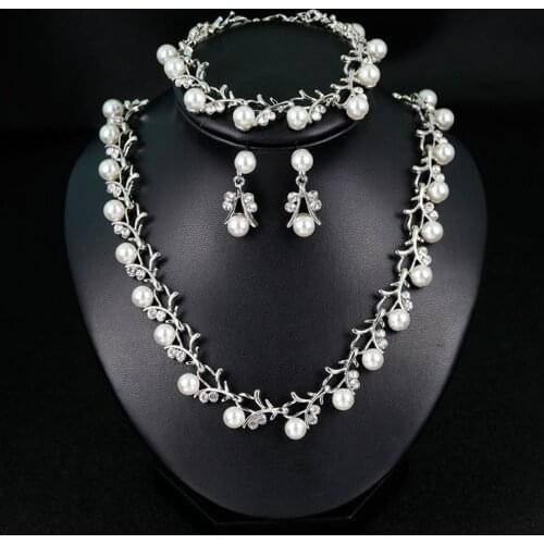 Women Bride Faux Pearl Rhinestone Necklace Stud Earrings Bracelet Jewelry Set hot