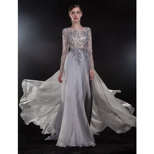 Sexy backless long sleeve evening gown see through cap sleeve beading silver formal robe de soiree mother of the bride dresses