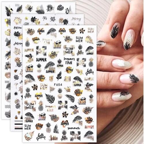 Gold Black 3D Nail Sticker Laser Leaves Flower Nail Transfer Stickers Sparkly Decal Slider Decor for Nails Self-adhensive Tips
