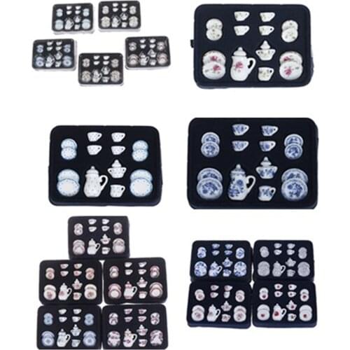 1:12 Miniature 15 or 17Pcs Porcelain Tea Cup Set Chintz Flower Tableware Kitchen Dollhouse Furniture Toys For Children