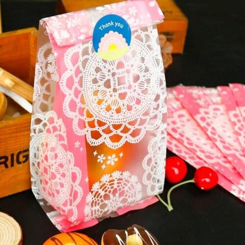 50pcs Pink Lace Plastic Gift Bags Flower Flat Mouth Cellophane Cookies Candy Storage Bag Opp Bag Baking Package Party Supplies