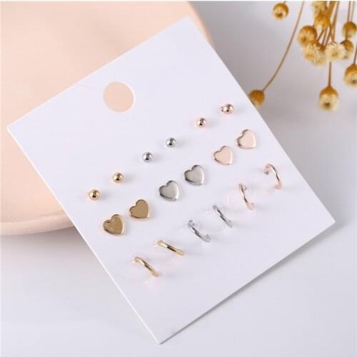 9Pairs/Set Cute Mixed Gold Silver Color Heart Circle Earring Sets Women Piercing Stud Earring Jewelry for Girl Party Gift