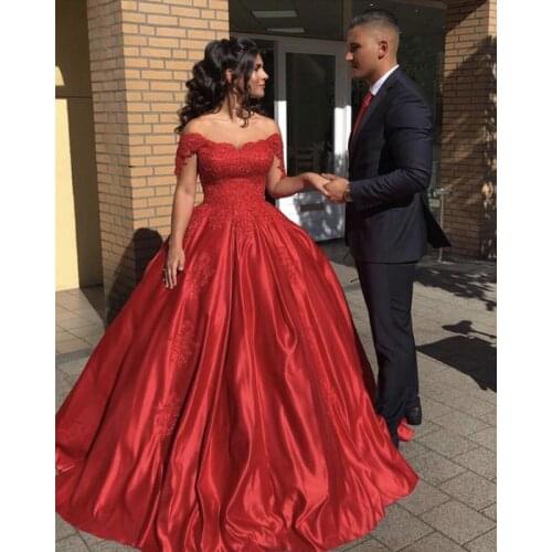 Burgundy Ball Gown Satin Appliques Prom Dresses Beaded Off Shoulder Formal Evening Party Dress Gown Robe De Soiree