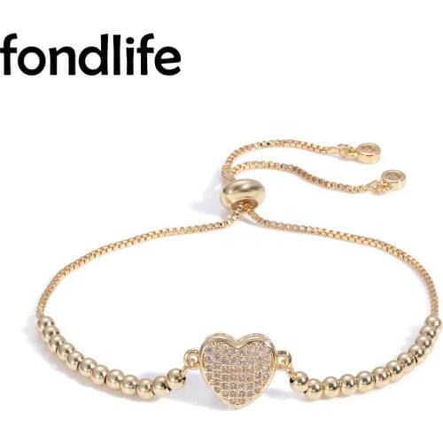 Cubic Zirconia Crystal Peach Love Heart Charm Brass Beads Chain Slide Adjustable Bracelet Women Lady Luxury Noble Jewelry Gift