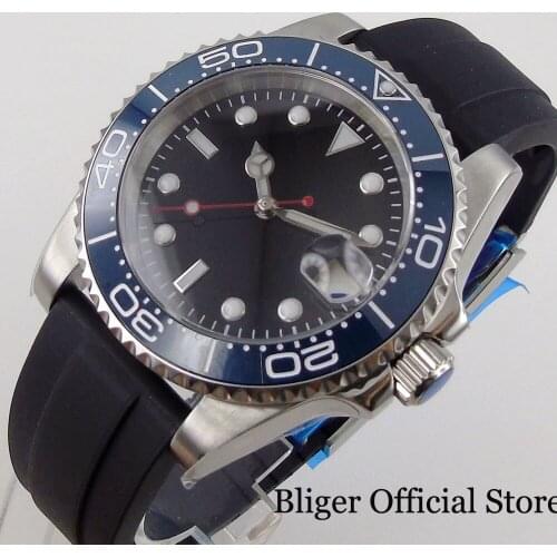 BLIGER Men Watch Automatic Sapphire Crystal NH35A MIYOTA 8215 Red Second Hand Rubber Band Blue Insert Sterile Black Dial