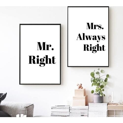 Black And White Mr Right Mrs Always Right Canvas Painting Nordic Letter Wall Art Painting Decorative Picture Modern Home Decorat
