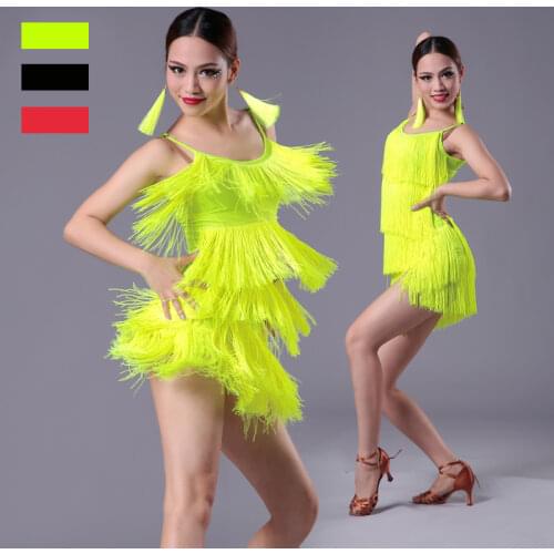 Girls Women Modern Ballroom Latin Dance Dress Tassel Fringe Salsa Tango Dance Costume Sexy Red Black Performance Stage Wear
