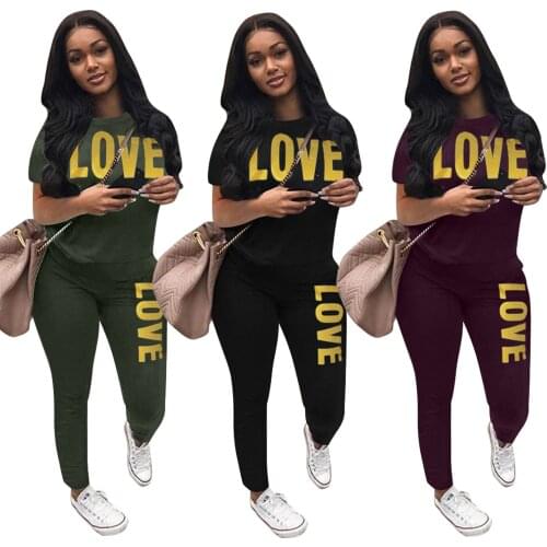 Hot Stamping Letters Print Round Neck Tshirts Tops and Sweatpants Joggers Women Two Piece Outfits Spring Autumn Tracksuits