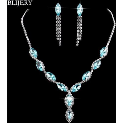 BLIJERY Silver Plated Leaf Tassel Bridal Jewelry Sets for Women Sky Blue Crystal Necklace Earrings Party Wedding Jewelry Sets
