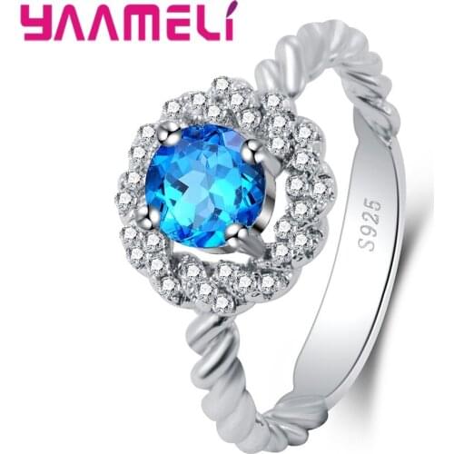 Good Selling 925 Sterling Silver Pretty Flowers Shape Round Lake Blue Cubic Zirconia For Women Girlfriend Finger Rings