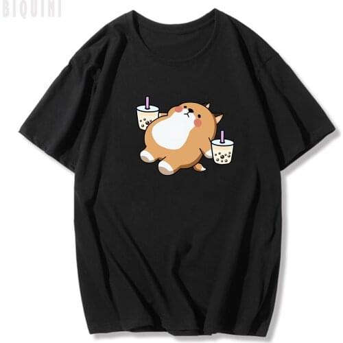 I Need Milk Tea To Continue My Life Lovely T Shirt Women Kawaii Clothes 100% Cotton Summer Casual Harajuku Girls Cartoon Dog Tee