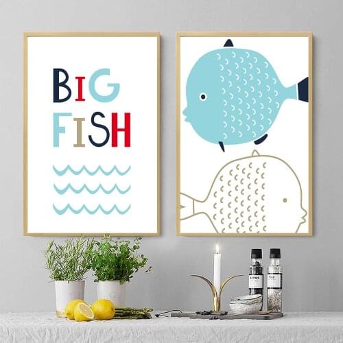 Minimalistic Big Fish Canvas Painting Black and White Poster Print Nordic Kids Wall Art Pictures for Living Room Decoration
