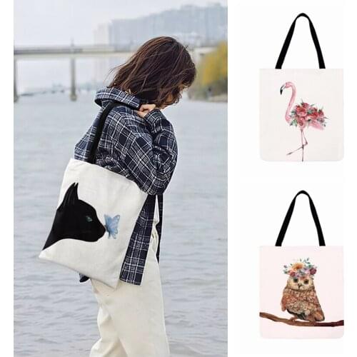 Fashion Shopping Bag Outdoor Beach Bag Cartoon Literary Animal Painting Print Tote Bag For Women Casual Tote Ladies Shoulder Bag