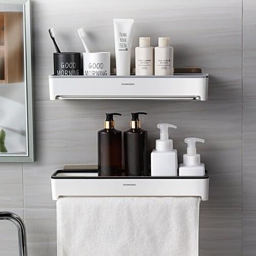 Punch Free Bathroom Towel Rack Wall-Mounted Toilet Wall Shower Shampoo Organizer With Hidden Towel Hanger