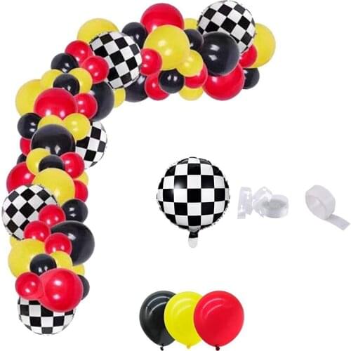 Racing Theme Birthday Ball Chain Red Yellow Latex Black White Lattice Round 18inch Foil Balloon Wreath Mickey Mouse New Year Set