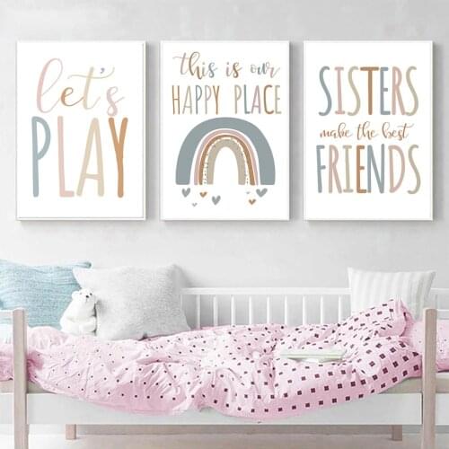 Rainbow Heart Sisters Friends Nursery Education Wall Art Canvas Painting Nordic Posters And Prints Wall Pictures Kids Room Decor