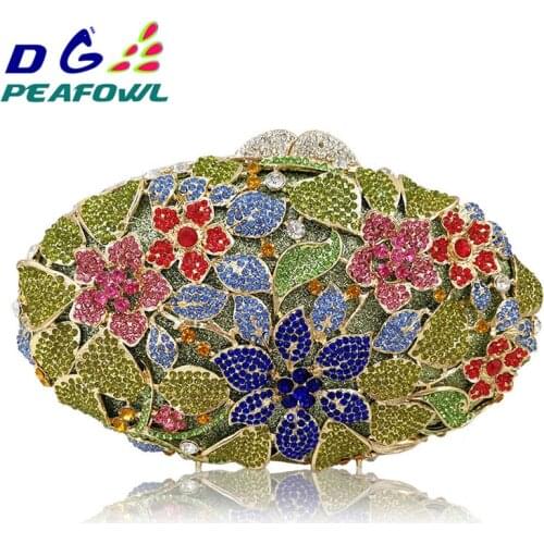 Luxury Colorful Women Green Flower Crystal Clutch Evening Bag Purse Minaudiere Handbag Wedding Party Bridal Chain Shoulder Bag