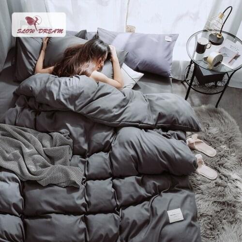 SlowDream Luxury Bedding Set Dark Gray Solid Color Birthday Gift Bed Flat Sheet Double Queen King Size Bedclothes Duvet Cover