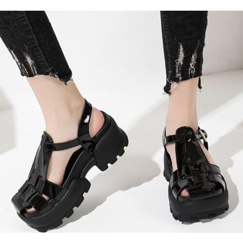 Termainoov Women Sandals High Heels Square Toe Patent Leather Platform Shoes Fashion Buckle Heeled Casual Women Pumps