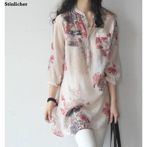 Chiffon Tops Blouses V-Neck Women Shirts Floral Print Vintage Cotton And Linen Blouse Women Clothing Top Summer Plus Size Full