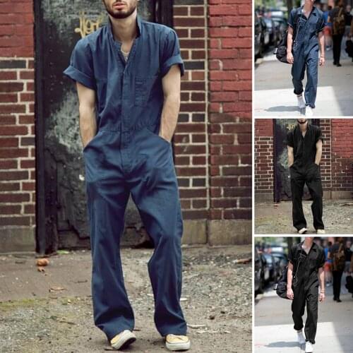 2021 Plus Size Mens Sweatpants Male Solid Colour Short Sleeve Jumpsuit With Zip Work Lapel One Piece Suit брюки карго мужские