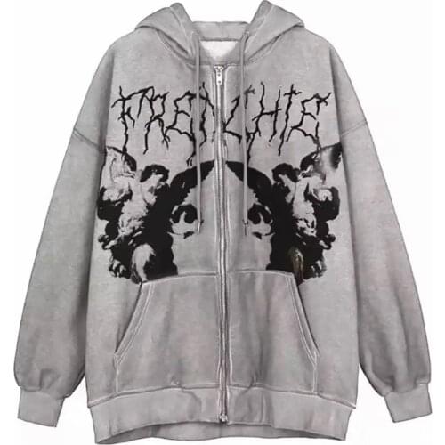 Plus Size Hooded Jacket Zip-up Coats Angel Print Loose Long Sleeve Streetwear with Pockets Hip Hop Y2K Fashion Sweatshirt Unisex